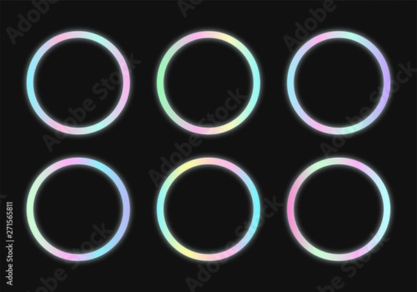 Fototapeta Circular holographic frames set in psychedelic vaporwave style. Futuristic geometric figures on dark background. Retro 80s-90s neon colors.