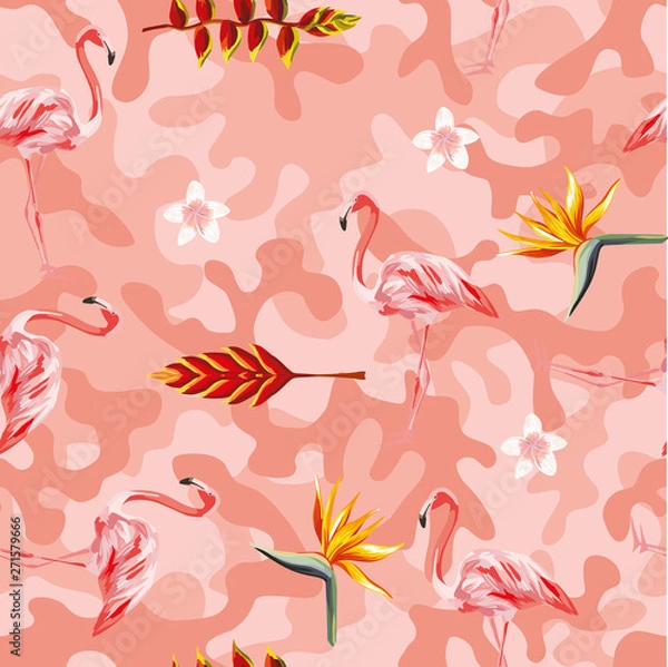 Obraz Tropical vector flowers flamingo pink camo seamless background
