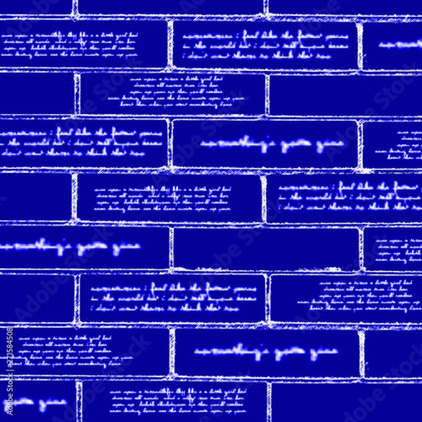 Fototapeta Blue brick wall with inscriptions, hieroglyphs, square