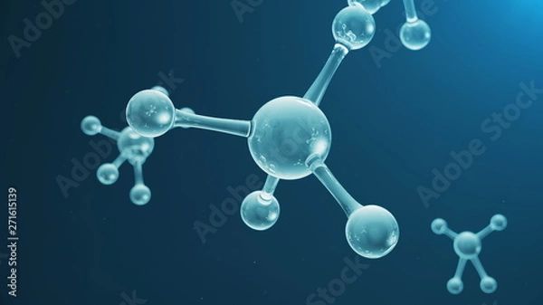 Fototapeta 3D rendering molecule structure. Scientific medical background with atoms and molecules. Blue background. Scientific animation for your banner, text. Molecule consists of atoms chemical element