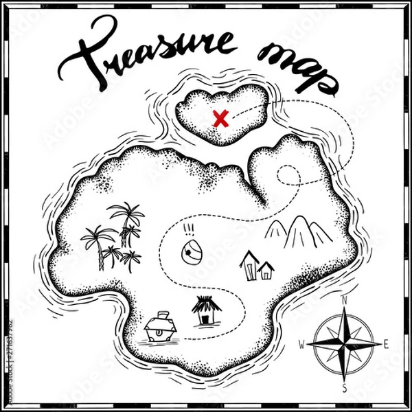 Obraz pirates treasure map hand drawn cartoon black ink isolated on white , palms at uninhabited island cross sign way search gold chest , rose of wind compass north at sea or ocean , vector illustration