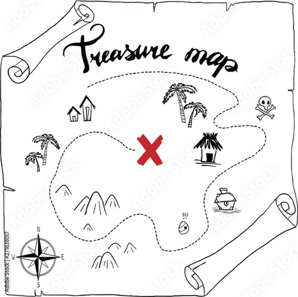 Obraz pirates treasure map hand drawn cartoon black ink isolated on white , palms at uninhabited island cross sign way search gold chest , rose of wind compass north at sea or ocean , vector illustration
