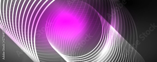 Fototapeta Shiny neon lights, dark abstract background with blurred magic neon light curved lines