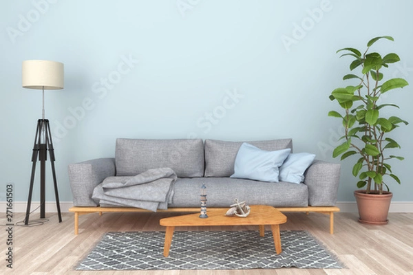 Obraz 3d Illustation - Skandinavisches, nordisches Wohnzimmer mit einem Sofa und Tisch - Textfreiraum - Platzhalter