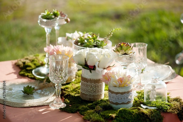 Obraz  Rustic wedding table setting with succulents and moss