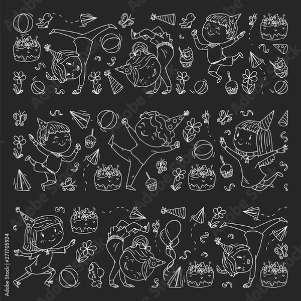 Fototapeta Vector illustration in cartoon style, active company of playful preschool kids jumping, at a party, birthday. monochrome chalk drawing on blackboard.
