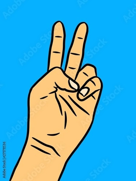 Obraz hand show two fingers on blue color