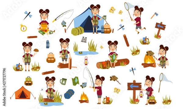 Fototapeta Set a girl with a hairstyle of two large beams tourist on nature. Camping. Overnight, overnight in a tent, picking mushrooms, fun and relaxation. Children's camp. Scouts. Cute Vector Illustration