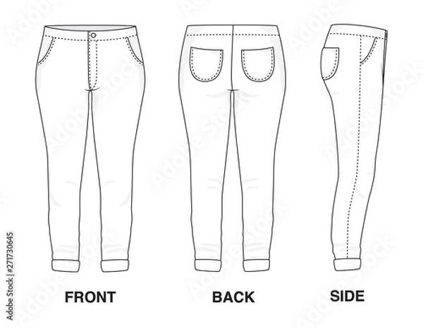 Fototapeta Isolated Trouser Pants Skinny Jeans object of clothes and fashion stylish wear fill in blank shirt. Regular Leg Casual Pockets Denim Sports Illustration Vector Template. Front, back and side view