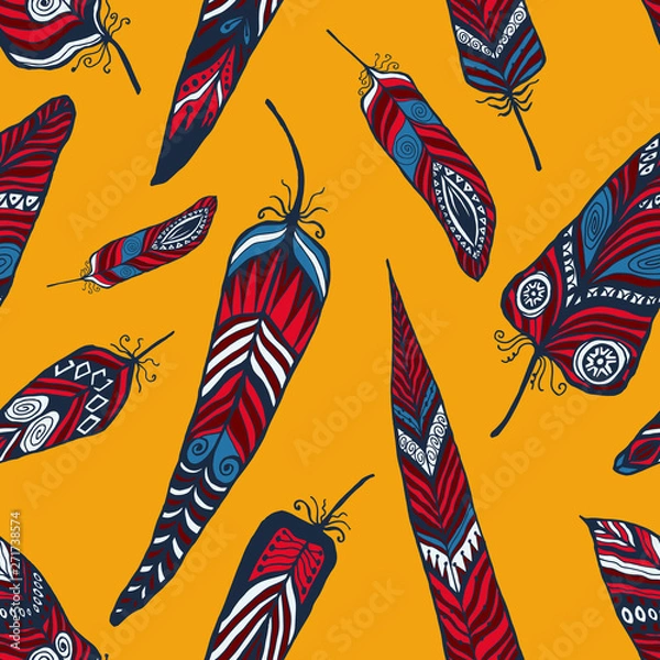 Obraz Ethnic Feathers Seamless Pattern Vector Illustration for Wraps for Textile for Fabrics Hand Painting