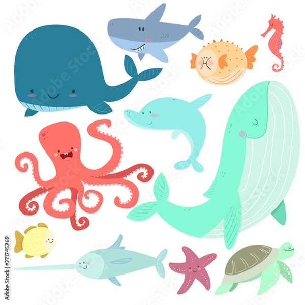 Fototapeta Sea life set. Hand drawn whale, puffer fish, sea horse, dolphin, swordfish, turtle, fish, octopus, shark, starfish. Vector illustration collection. - Vector