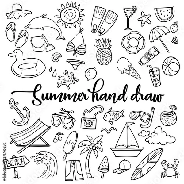 Fototapeta Summer beach hand drawn vector symbols and objects - Vector