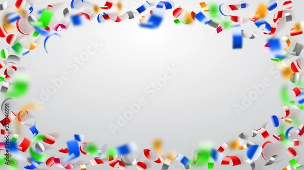 Fototapeta Abstract illustration of flying shiny colored confetti and pieces of serpentine on white background
