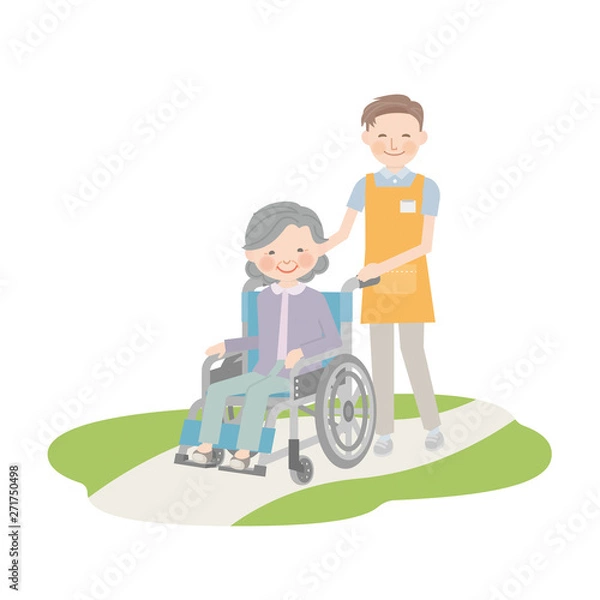 Fototapeta 車椅子を引く男性介護士とおばあちゃん