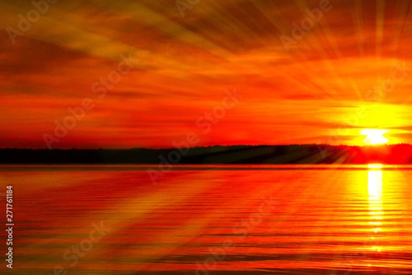 Obraz Sunbeams On a bright sunset by the lake, red