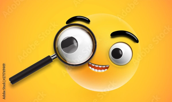 Obraz Yellow high detailed emoticon with a realistic magnifyer, vector illustration