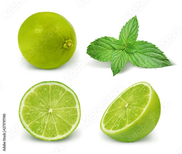 Fototapeta Lime fruit and mint isolated on white background. Collection. Set.
