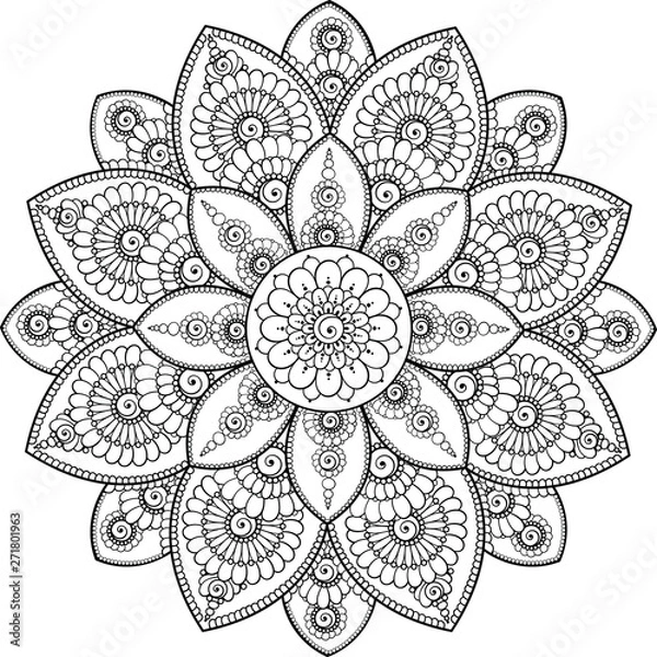 Fototapeta Czarno-skomplikowana mandala doodle na przezroczystym tle, do kolorowania do druku