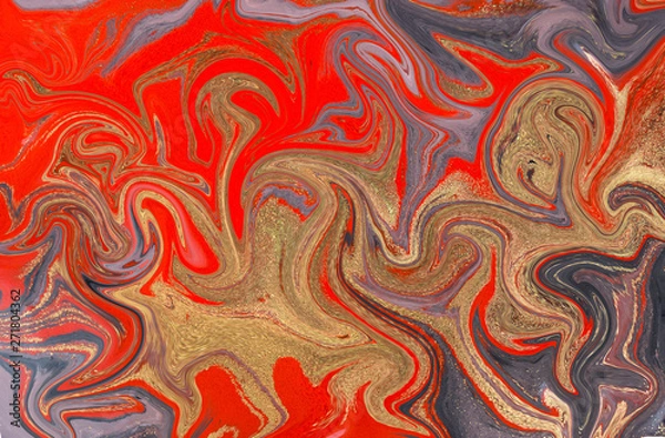 Fototapeta Marble abstract acrylic background. Red marbling artwork texture. Agate ripple pattern. Gold powder.