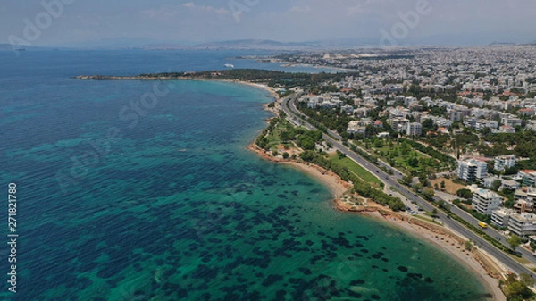 Fototapeta Aerial drone bird's eye view of famous seascape of Athens Riviera, Voula, Athens Riviera, Attica, Greece