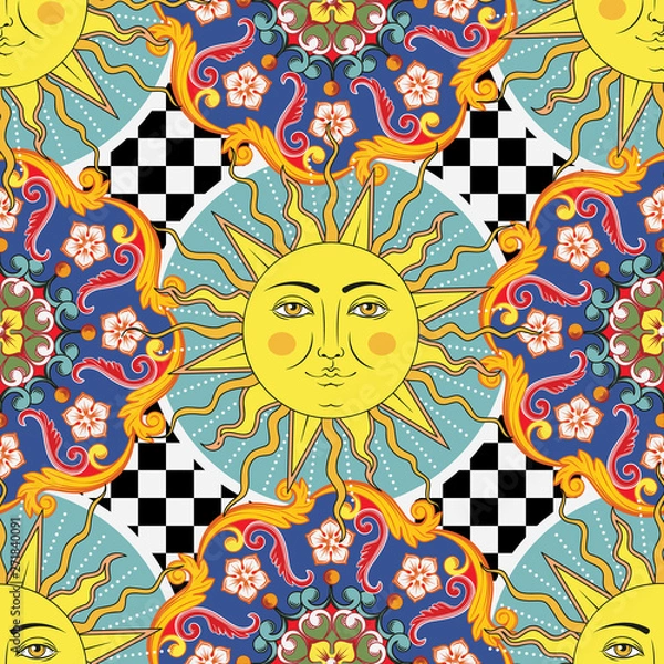 Obraz Seamless bright background. Colorful ethnic round ornamental mandala, sun with human face symbol on checkered pattern. Trendy style. Vector illustration