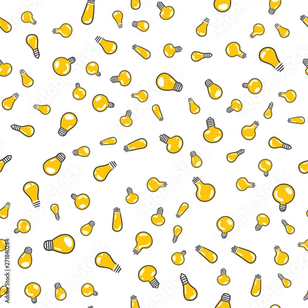 Fototapeta Vector light bulbs seamless pattern. Hand drawn lamps texture background. Concept of idea.