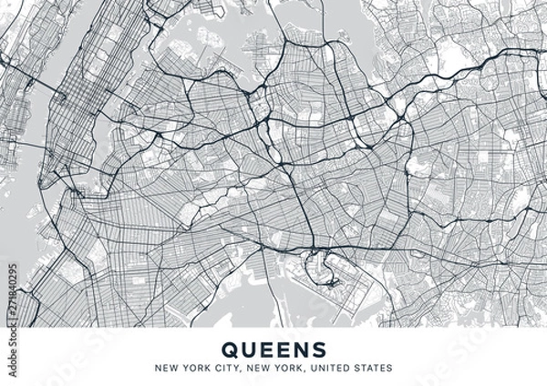 Obraz Queens map. Light poster with map of Queens borough (New York, United States). Highly detailed map of Queens with water objects, roads, railways, etc. Printable poster.