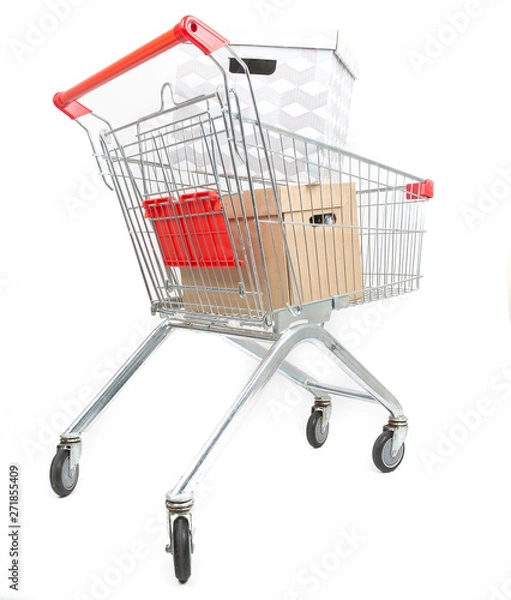 Obraz Supermarket trolley cart isolated on white