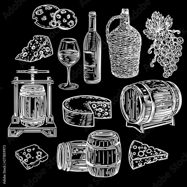 Fototapeta Vector hand drawn set of wine, cheese, grapes, barrels and wine press in the engraving style isolated on black background.