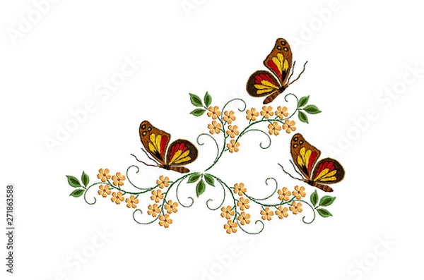 Fototapeta Pattern for embroidery with butterflies on twisted stems with leaves and yellow flowers on white background