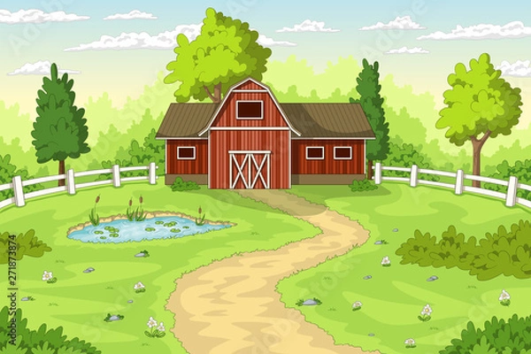 Fototapeta Summer Landscape with red house and pond. 