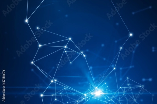 Fototapeta Abstract connected dots on bright blue background.