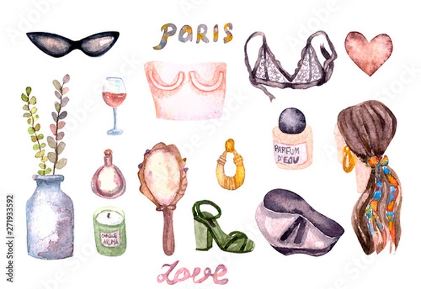 Obraz watercolor hand drawing sketch fashion outfit, a set of clothes and accessories. casual style, trendy. isolated elements.Can be used for scrapbook, wallpaper, fabric print, web pages and fills.