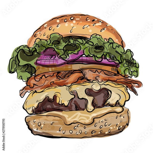 Obraz big burger, hamburger hand drawn vector illustration sketch retro style 
