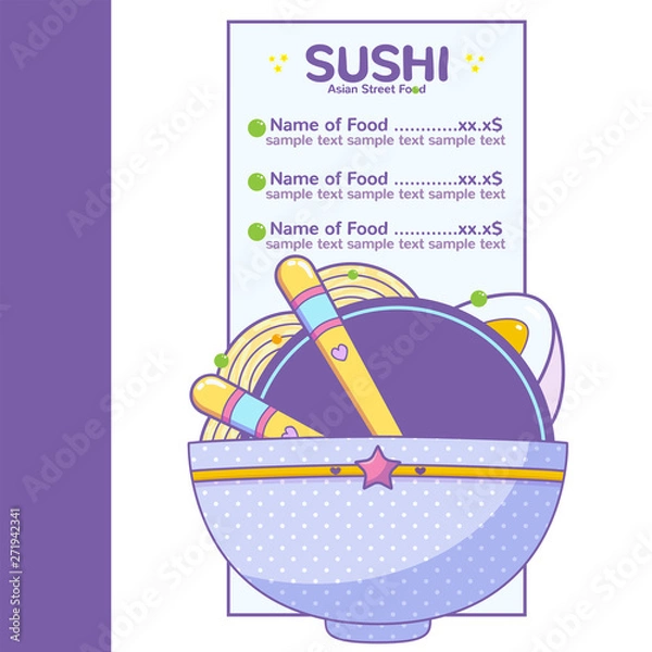 Fototapeta Vector list of background, template for menu with place for price and product composition. Kawaii art for Asian food, ramen shop, noodle cafe or sushi restaurant menu, flyer. Chopsticks, ramen and egg