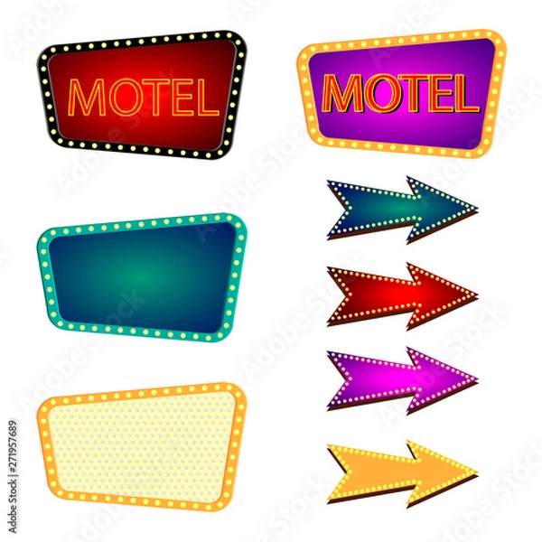 Fototapeta Retro frames and arrows with light bulbs, vector. Neon marquee signs.Vintage borders.