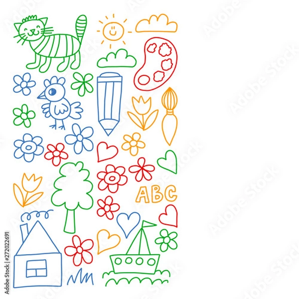 Fototapeta Kindergarten pattern, drawn kids garden elements pattern, doodle drawing, vector illustration, colorful.