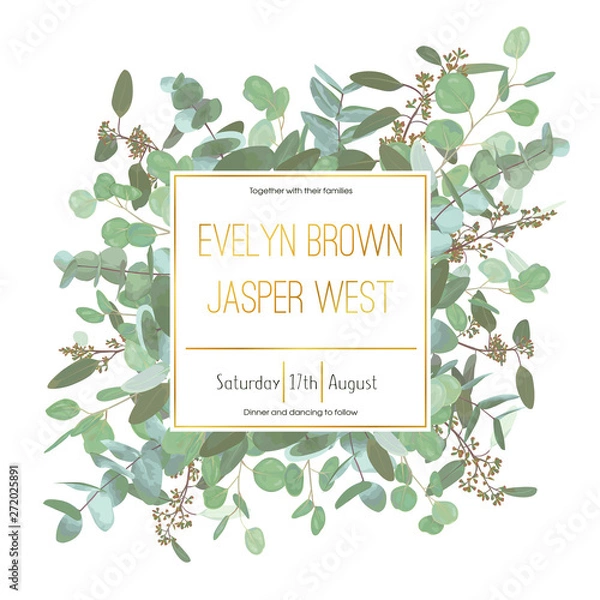 Fototapeta Vector wedding invitation flyer. Square gold frame with set branches and leaves eucalyptus gunnii, silver dollar, leucoxylon greenery. Сard design, editable
