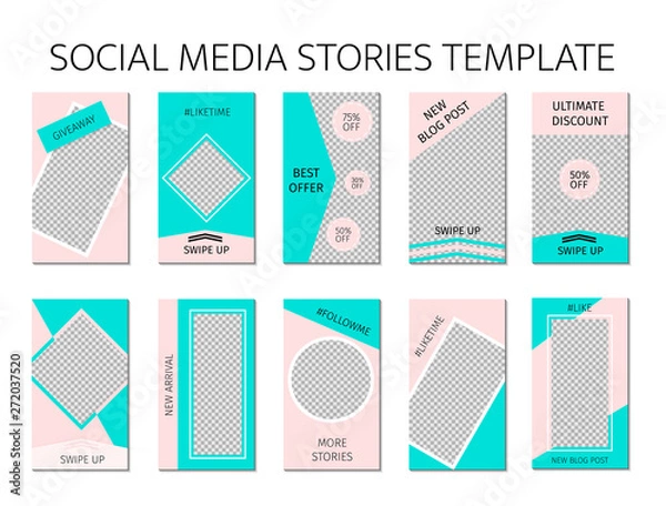 Fototapeta Social media stories template for mobile app. Set of 10 story layout for SMM and bloggers. Mint green and pink pastel color palette. Editable web banners layout for mobile applications.