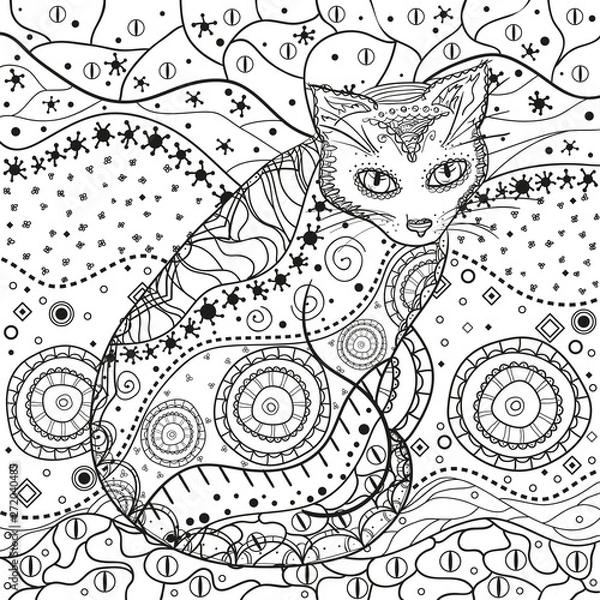 Fototapeta Abstract pattern with ornate cat. Square mandala. Hand drawn patterns on isolation background. Design for spiritual relaxation for adults. Black and white illustration for coloring