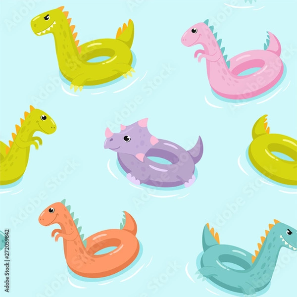Fototapeta Inflatable dinosaur swimming pool floats pattern. Vector seamless texture.