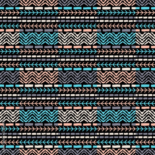 Fototapeta Ethnic boho seamless pattern. Lace. Embroidery on fabric. Patchwork texture. Weaving. Traditional ornament. Tribal pattern. Folk motif. Can be used for wallpaper, textile, wrapping, web.