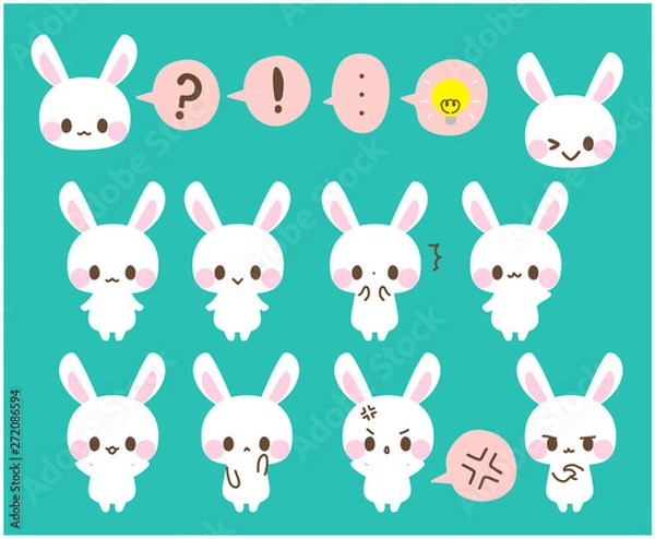 Obraz うさぎアイコン・ひらめき・驚く・？・！・怒る・悩む・考える・バイバイ・おすまし・イラスト