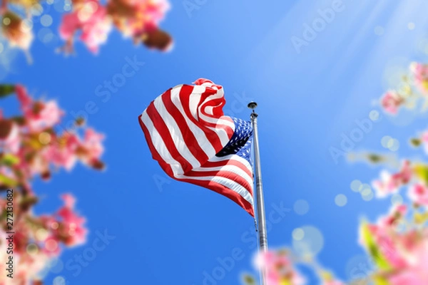 Obraz close up waving American flag and flowers over blue clear sky