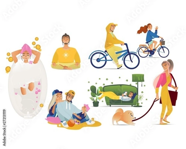 Fototapeta Set of people having rest in a variety of ways cartoon style