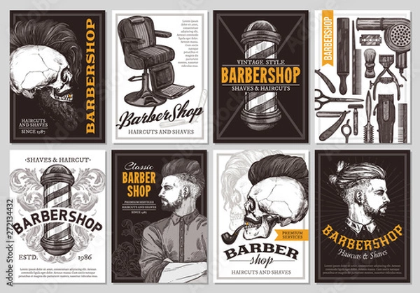 Obraz Hand drawn  vector barber shop banners with sketch engraving illustration. Monochrome templates set of poster design for hair salon