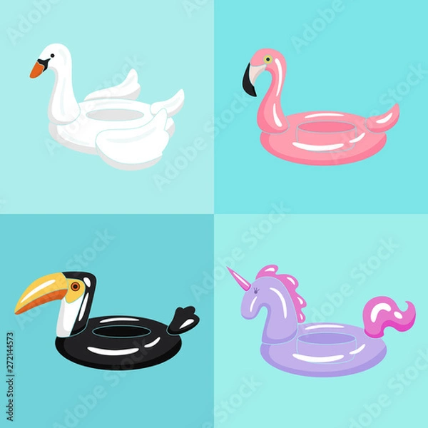 Fototapeta Inflatable toys for swimming pool: unicorn, flamingo, toucan, swan. Vector illustration.