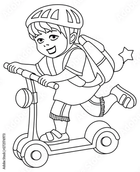 Obraz A kid in a bike helmet and with a backpack on his back rides a scooter. Printable coloring page for kids 