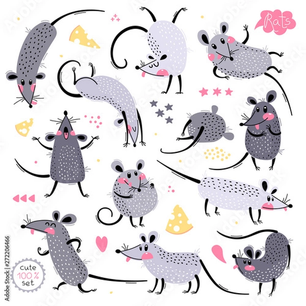 Fototapeta Set of funny rats for design. Cute little mice in different poses. Merry mouse romp. Vector illustration