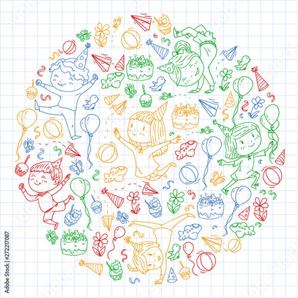 Fototapeta Vector illustration in cartoon style, active company of playful preschool kids jumping, at a party, birthday. colorful draving squared notebook.